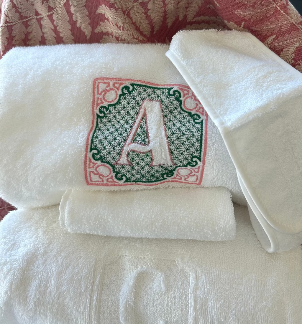 MONOGRAMMED SET: Robe, Towels, Headband with CHINOISERIE Initial