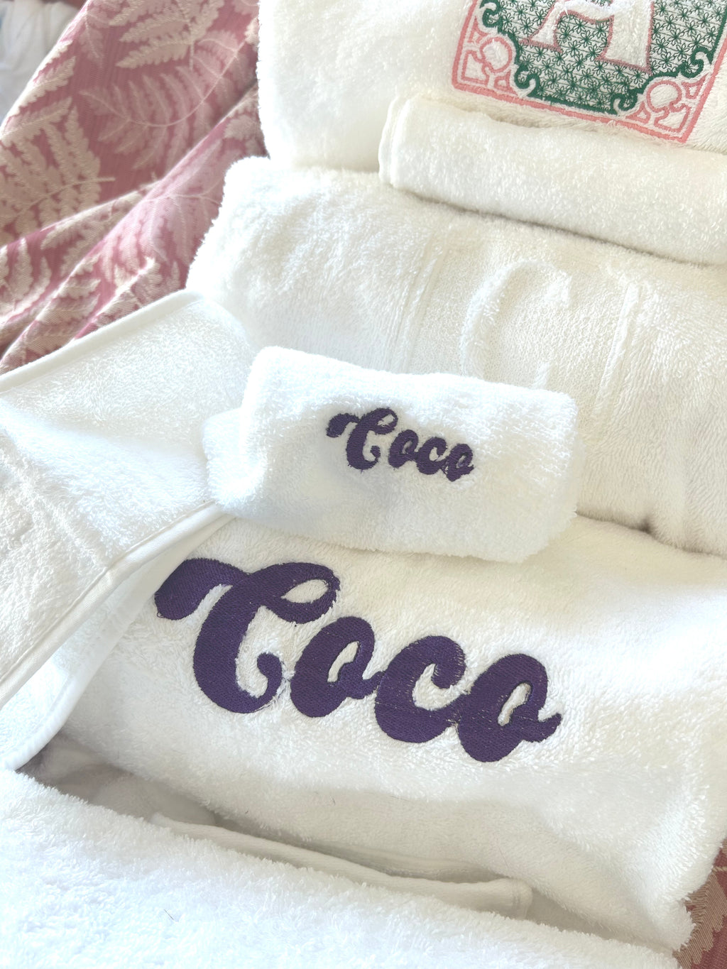 MONOGRAMMED SET: Robe, Towels, Headband in FUNKY FONT Monogram