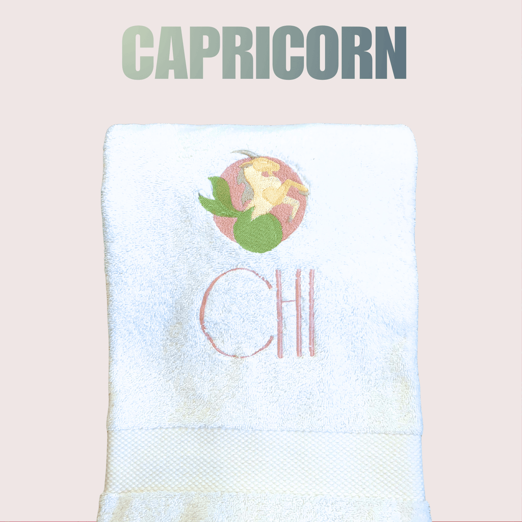 CAPRICORN Bath Towel Embroidered with your Monogram | Art Deco Zodiac Gift - 10 Bay
