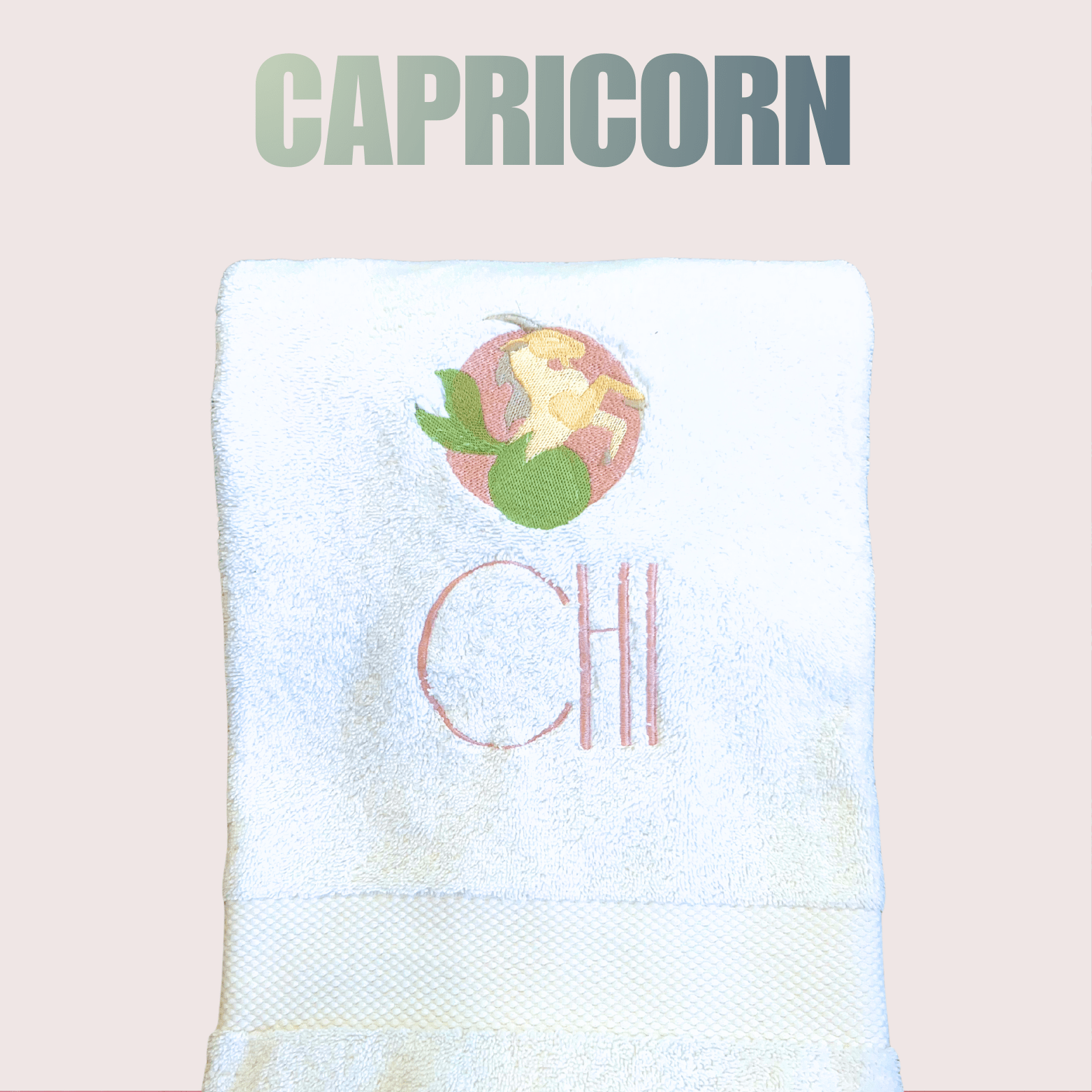 CAPRICORN Bath Towel Embroidered with your Monogram | Art Deco Zodiac Gift - 10 Bay