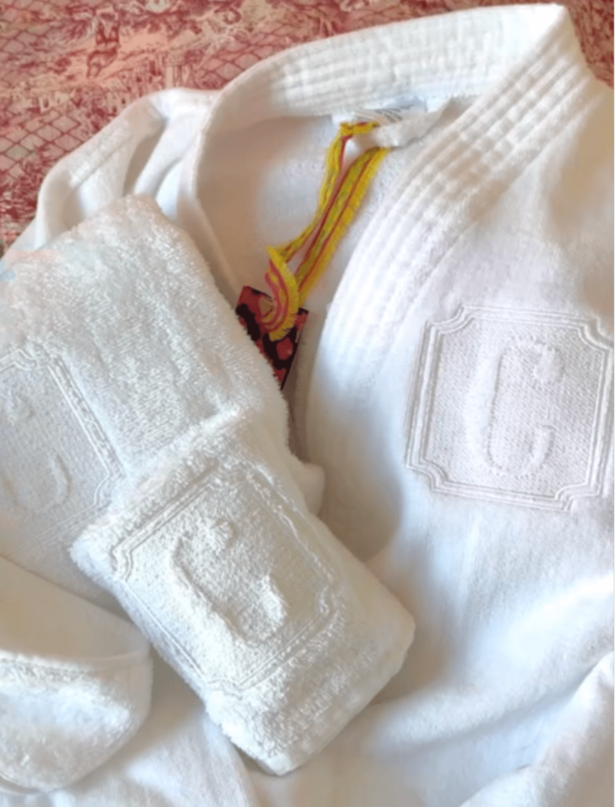 Monogrammed robe and towel set with hotel/spa style initial. Great gift set at 10Bay.store.