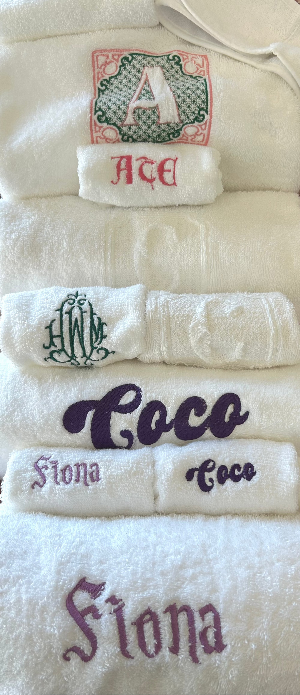 MONOGRAMMED SET: Robe, Towels, Headband in LOVE FONT Monogram