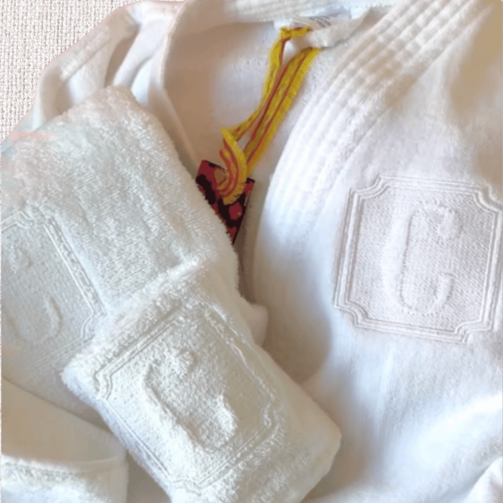 Monogrammed robe and towel set with hotel/spa style initial. Great gift set at 10Bay.store.