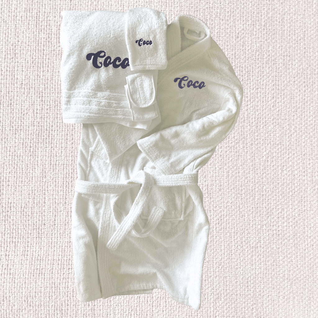MONOGRAMMED SET: Robe, Towels, Headband in FUNKY FONT Monogram - 10 Bay