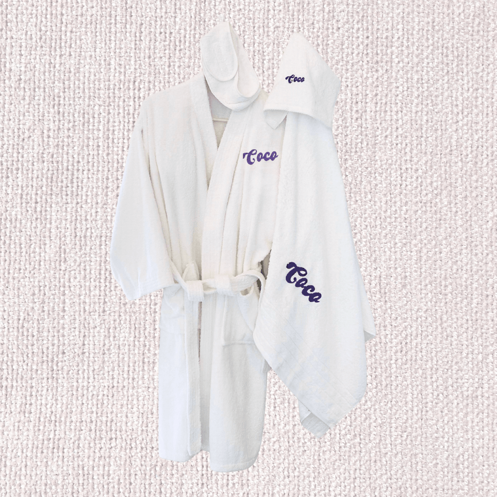 MONOGRAMMED SET: Robe, Towels, Headband in FUNKY FONT Monogram - 10 Bay