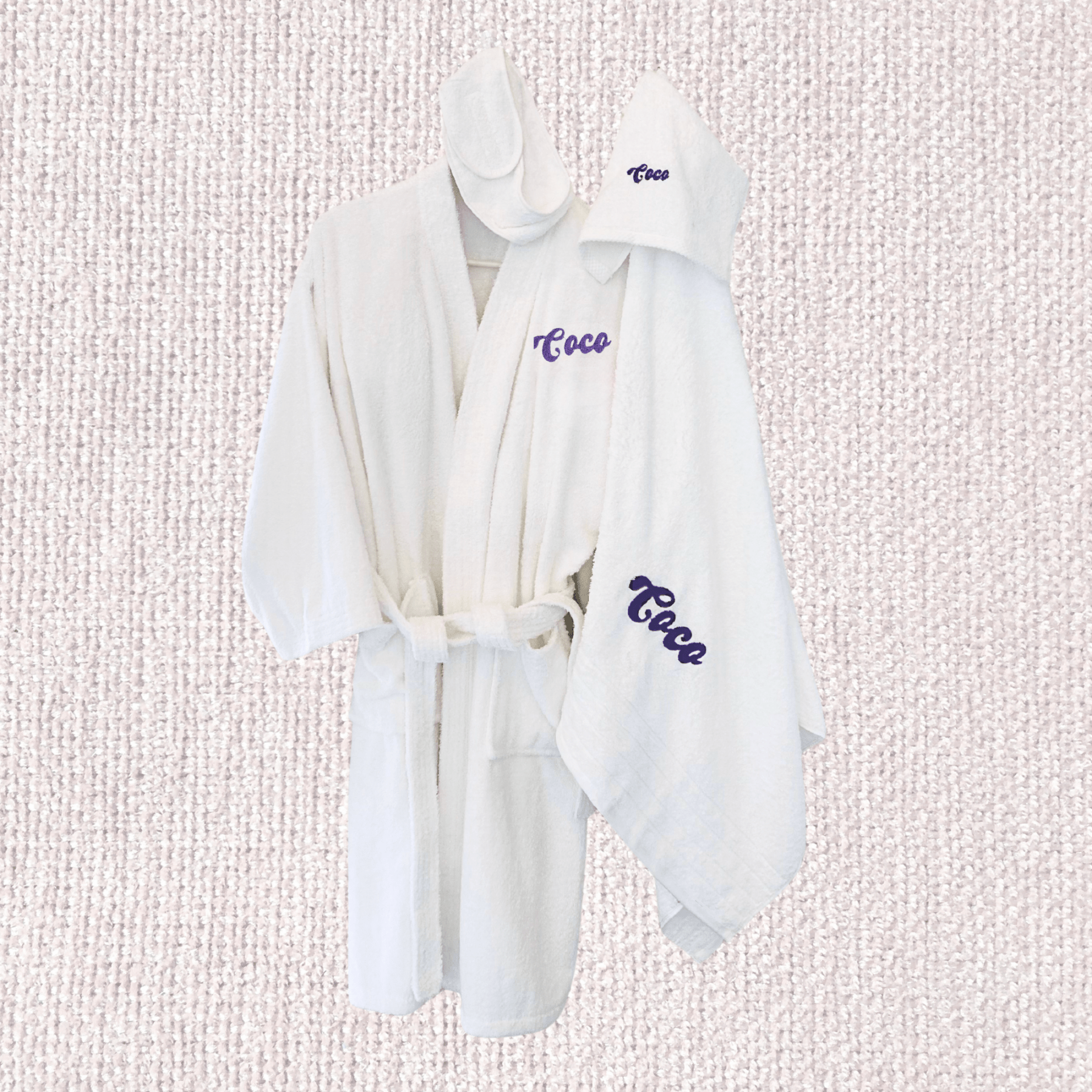 MONOGRAMMED SET: Robe, Towels, Headband in FUNKY FONT Monogram - 10 Bay