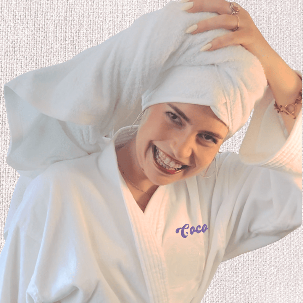 MONOGRAMMED SET: Robe, Towels, Headband in FUNKY FONT Monogram - 10 Bay