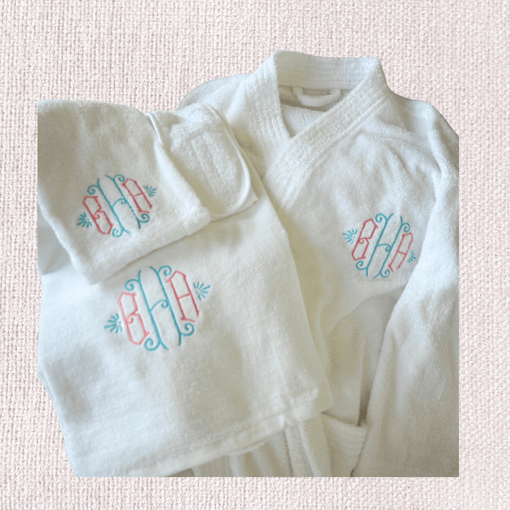 MONOGRAMMED SET: Robe, Towels, Headband in LOVE FONT Monogram - 10 Bay