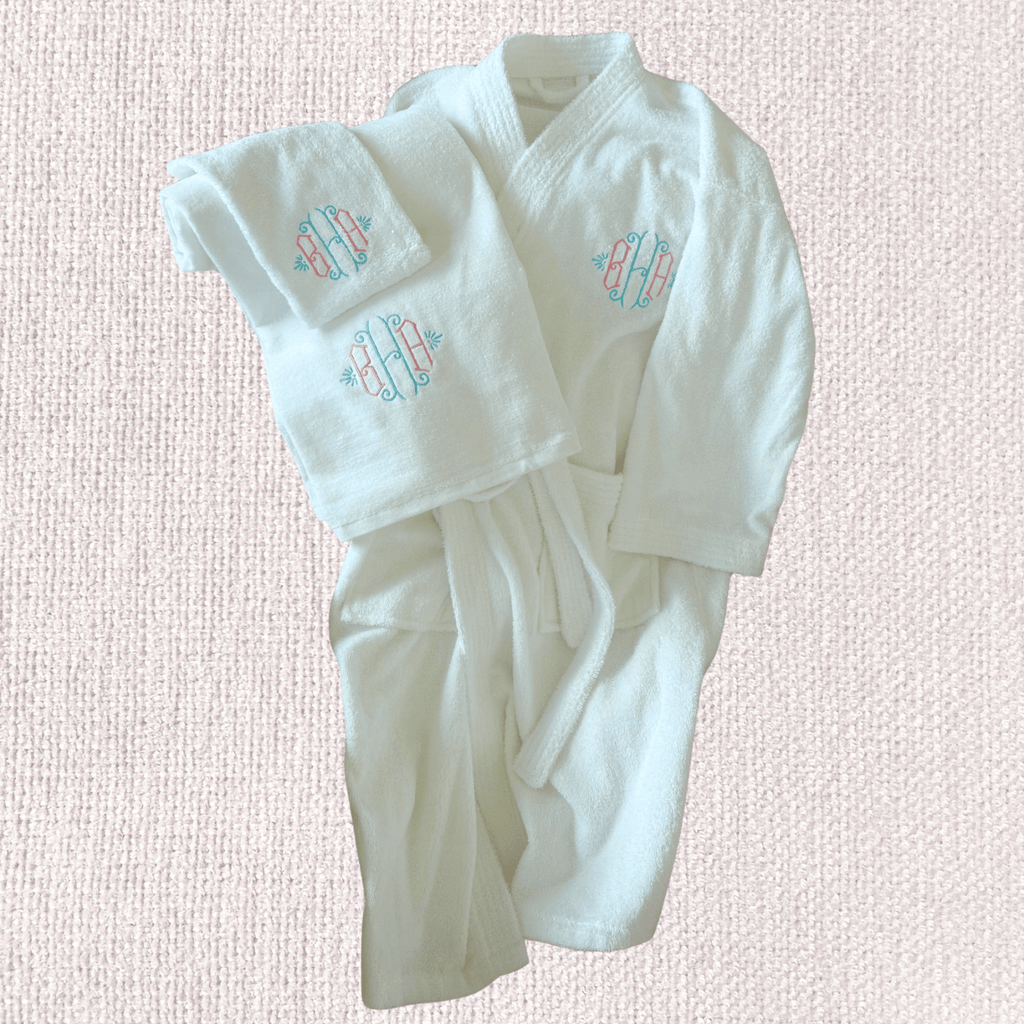 MONOGRAMMED SET: Robe, Towels, Headband in LOVE FONT Monogram - 10 Bay