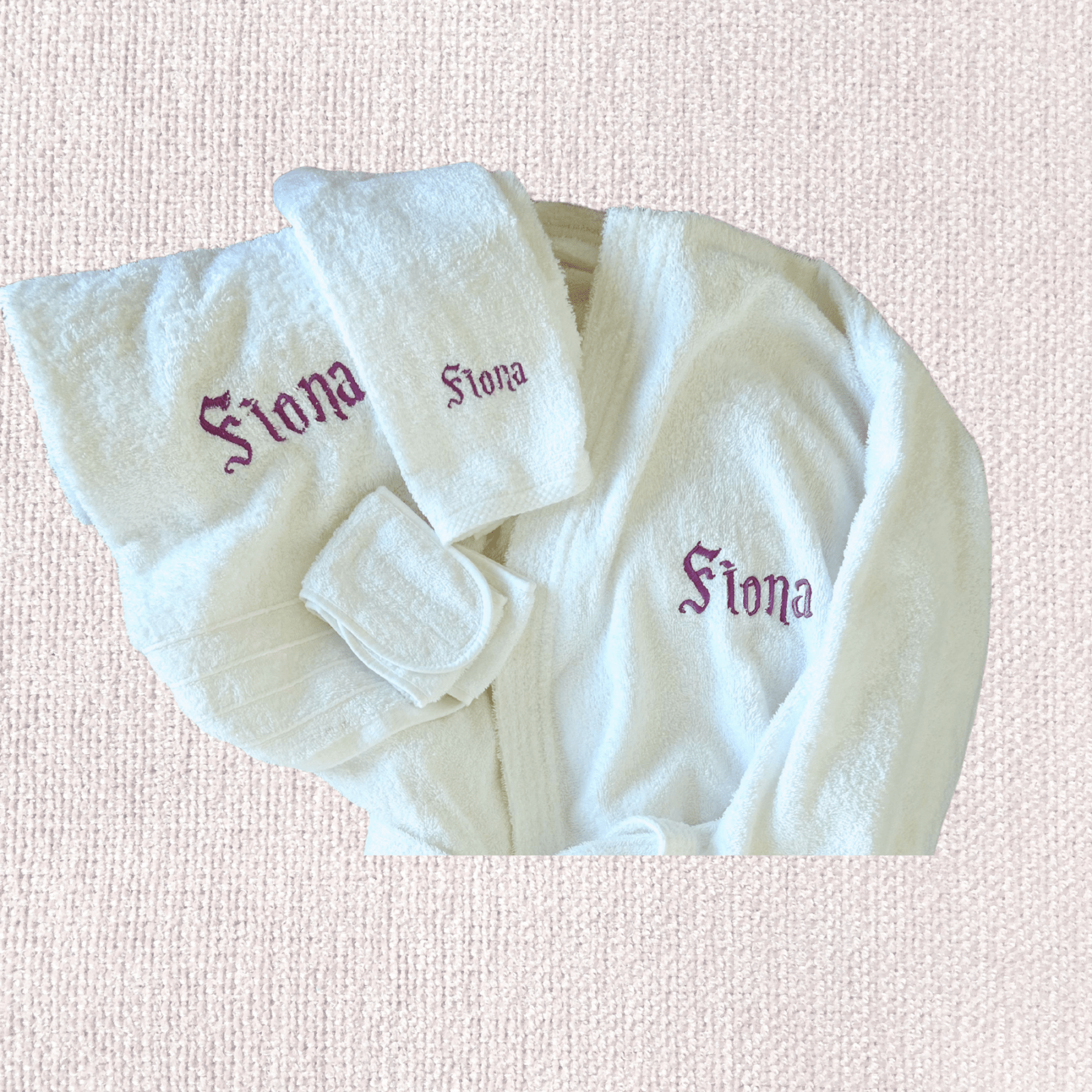 MONOGRAMMED SET: Robe, Towels, Headband in MAGIC FONT Monogram - 10 Bay