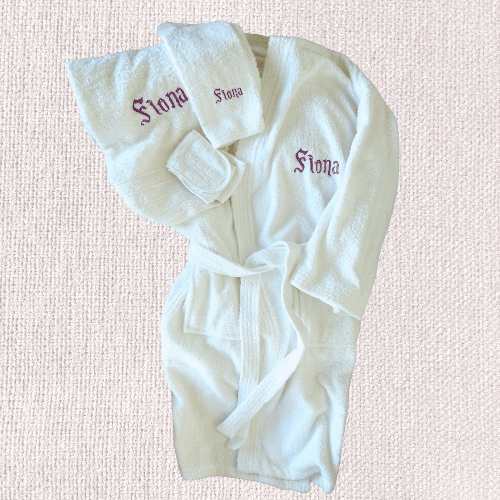 MONOGRAMMED SET: Robe, Towels, Headband in MAGIC FONT Monogram - 10 Bay