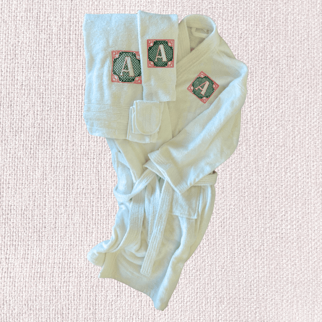 MONOGRAMMED SET: Robe, Towels, Headband with CHINOISERIE Initial - 10 Bay