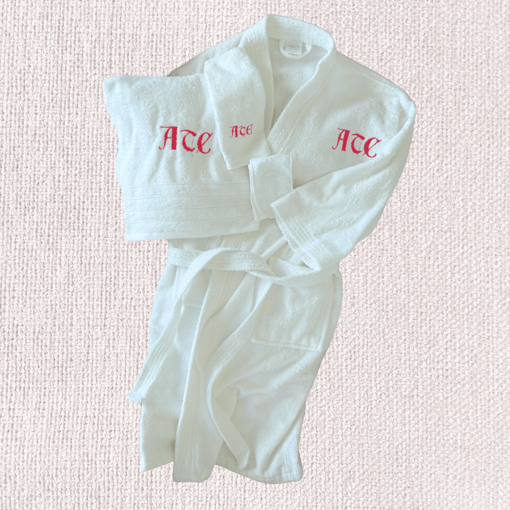 MONOGRAMMED SET: Robe, Towels, Headband with GOTHIC FONT Monogram - 10 Bay