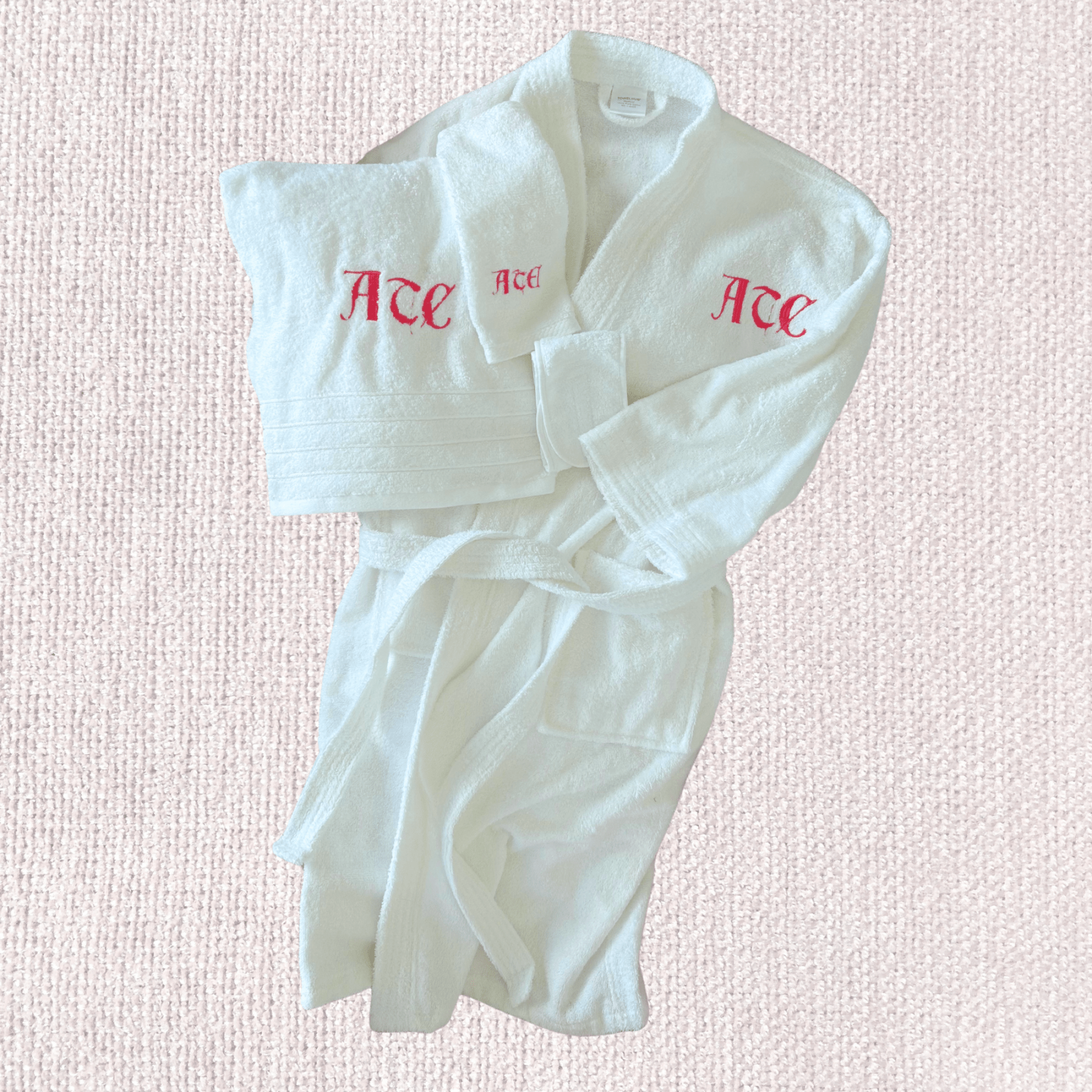 MONOGRAMMED SET: Robe, Towels, Headband with GOTHIC FONT Monogram - 10 Bay