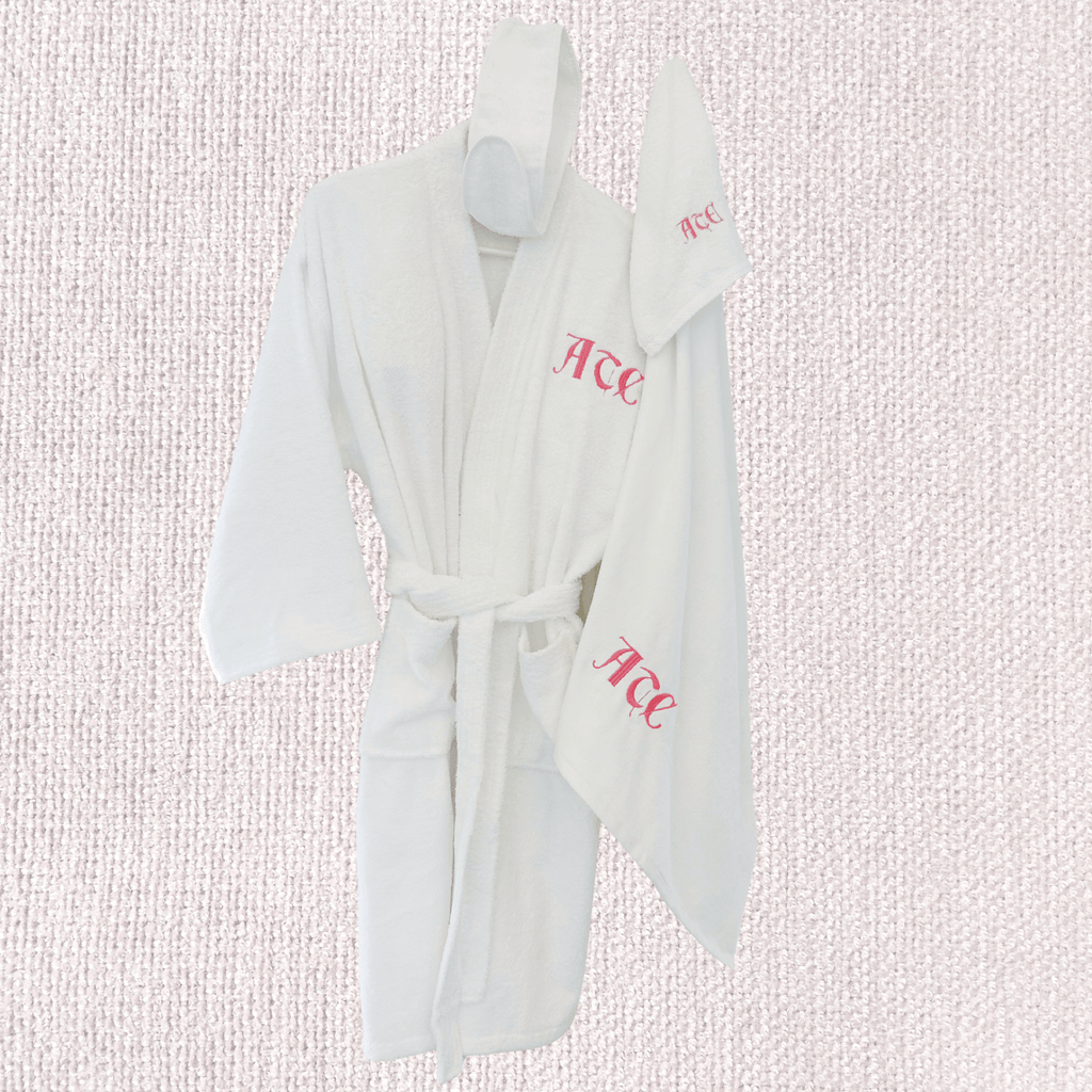 MONOGRAMMED SET: Robe, Towels, Headband with GOTHIC FONT Monogram - 10 Bay