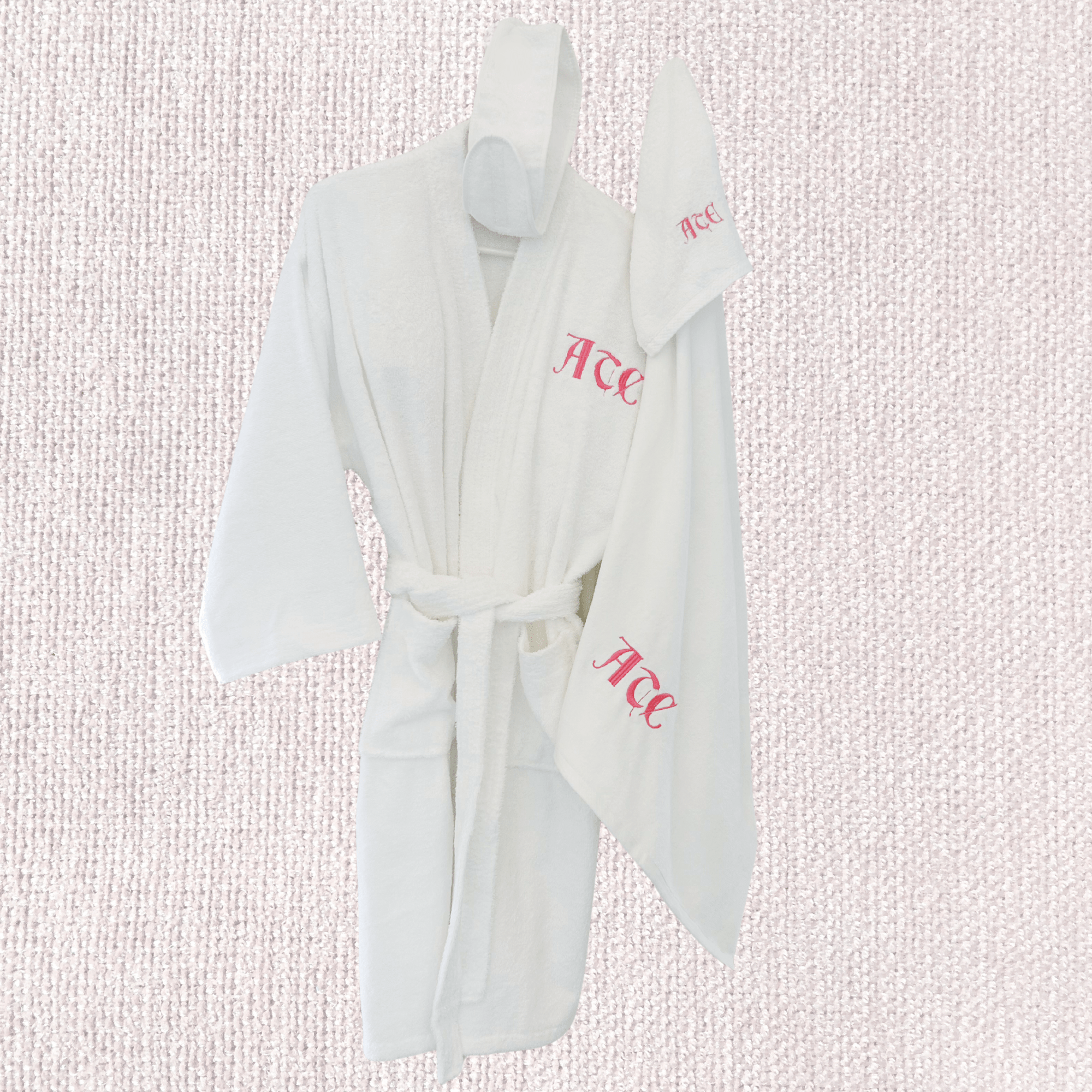 MONOGRAMMED SET: Robe, Towels, Headband with GOTHIC FONT Monogram - 10 Bay