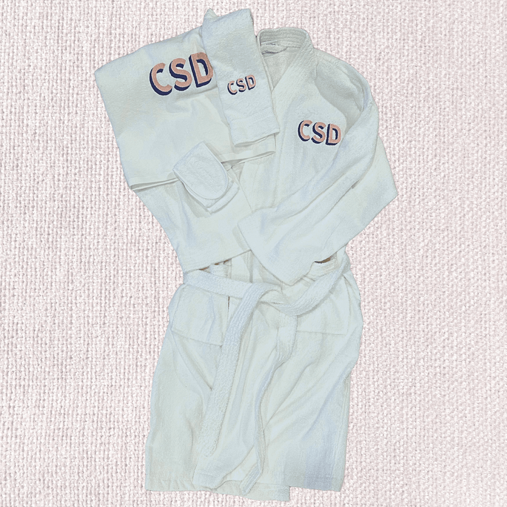 Monogrammed SET: Robe, Towels & Headband with Shadow Block Monogram - 10 Bay