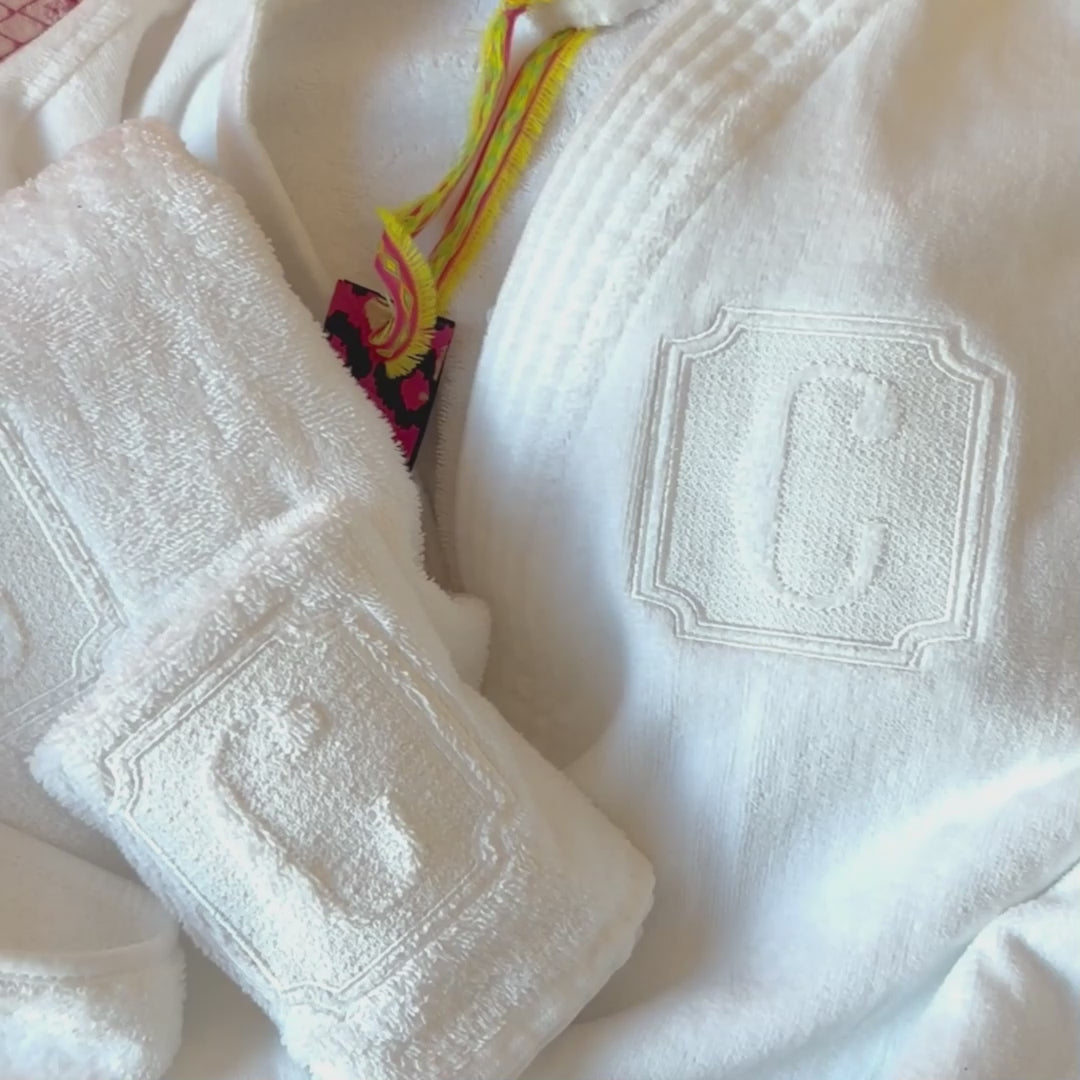 MONOGRAMMED SET: Robe, Towels, Headband with CHINOISERIE Initial